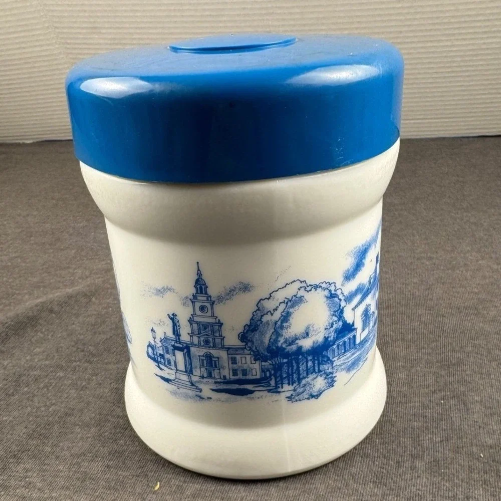 Vintage Blue White Ceramic Canister Pot Holder with‎ Scenic Landscape Design